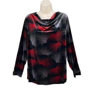 Vintage Velour Shirt Women Size L Preppy Red Feather Print Cowl Neck Long Sleeve